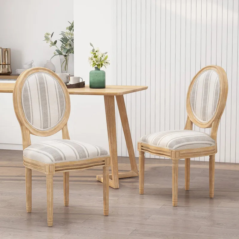 Lot de 2 chaises de salle à manger capitonnées de style campagnard français, avec dossier rond et pieds cannelés