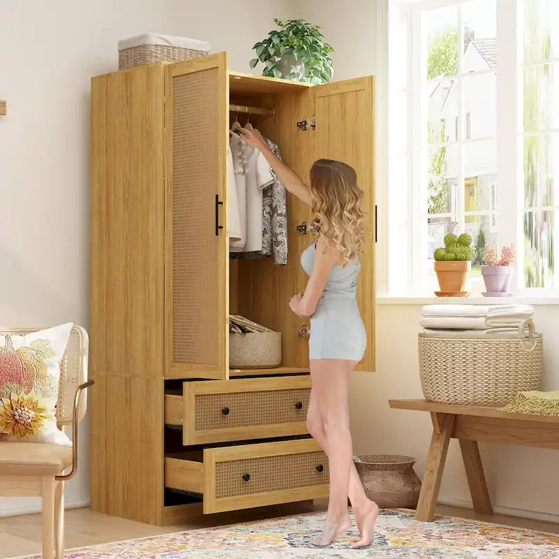 Armoire à deux portes et deux tiroirs avec tringle, imitation bois
