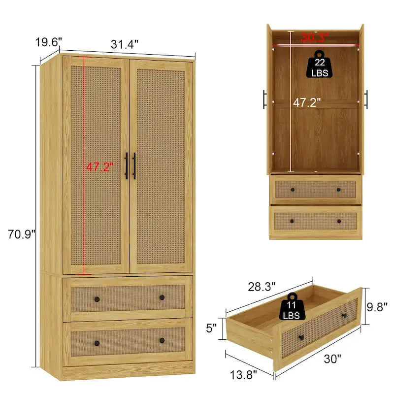 Armoire à deux portes et deux tiroirs avec tringle, imitation bois