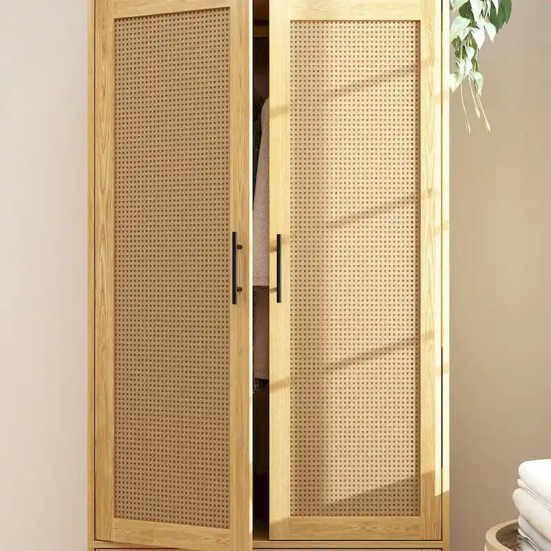 Armoire à deux portes et deux tiroirs avec tringle, imitation bois