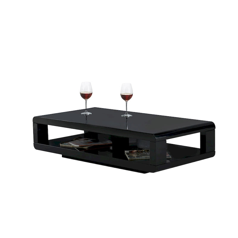 Table basse moderne en laque noir brillant avec étagère de rangement inférieure