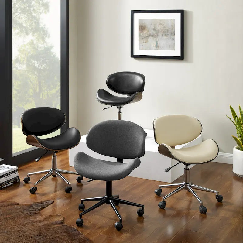 Chaise de bureau incurvée réglable de style moderne du milieu du siècle avec assise en bois courbé et roulettes