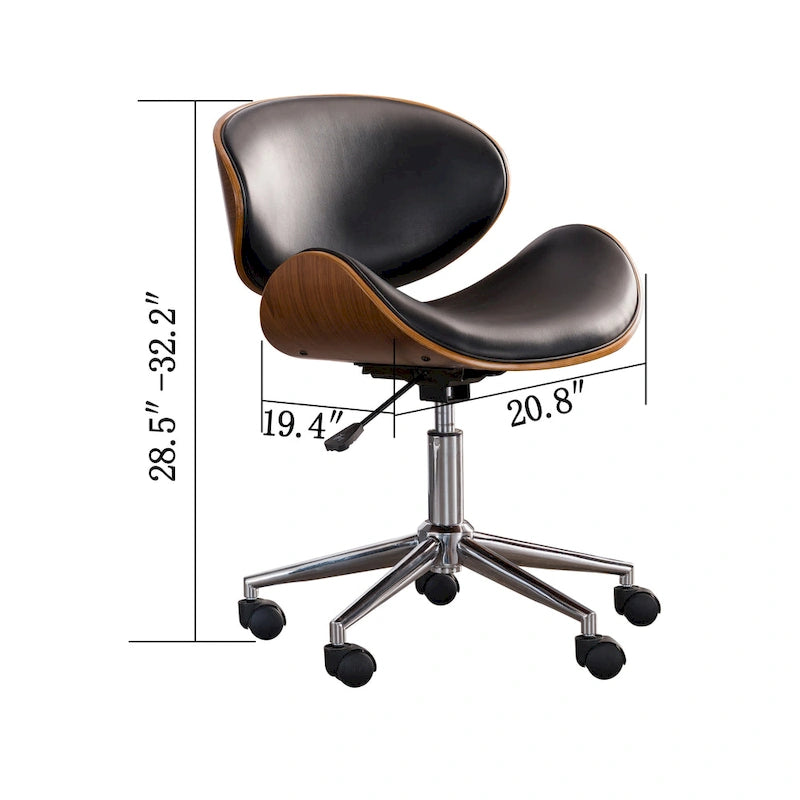 Chaise de bureau incurvée réglable de style moderne du milieu du siècle avec assise en bois courbé et roulettes