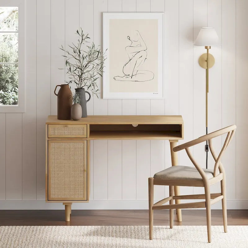 Coiffeuse style ferme moderne avec tiroirs de rangement et poignées décoratives en laiton