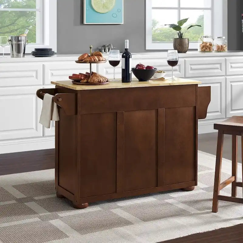 Dessert de cuisine en bois naturel avec tiroirs, placards et roulettes
