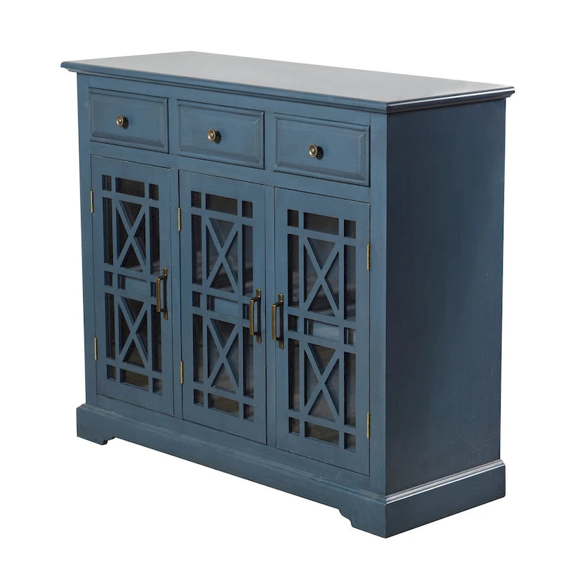 Buffet bleu marine à 3 tiroirs et 2 portes avec boiseries découpées