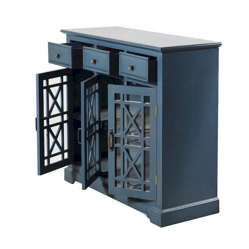 Buffet bleu marine à 3 tiroirs et 2 portes avec boiseries découpées