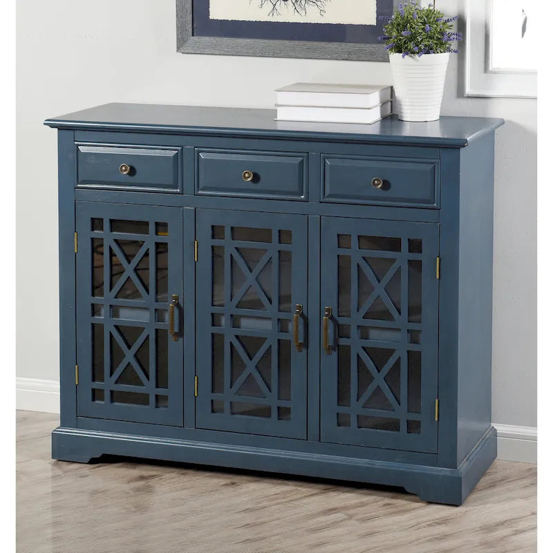 Buffet bleu marine à 3 tiroirs et 2 portes avec boiseries découpées