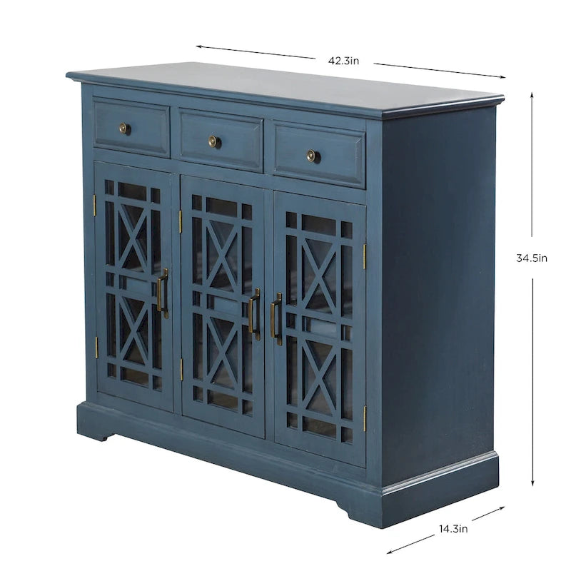 Buffet bleu marine à 3 tiroirs et 2 portes avec boiseries découpées