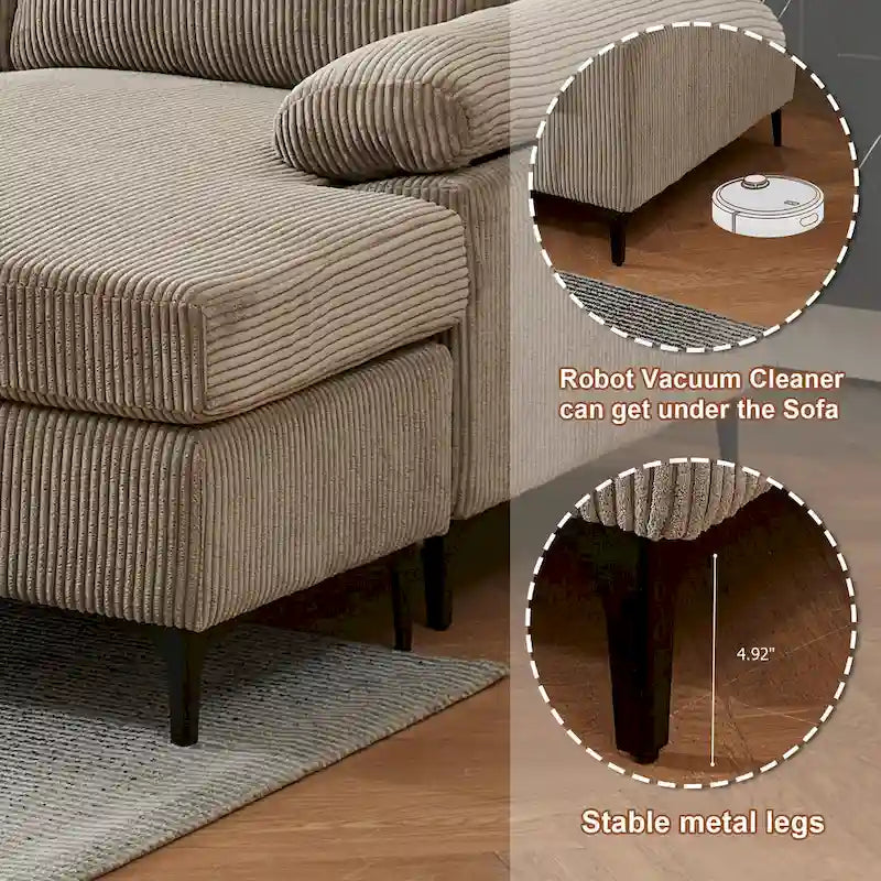Canapé d'angle en velours côtelé avec ottomane réversible et accoudoirs larges