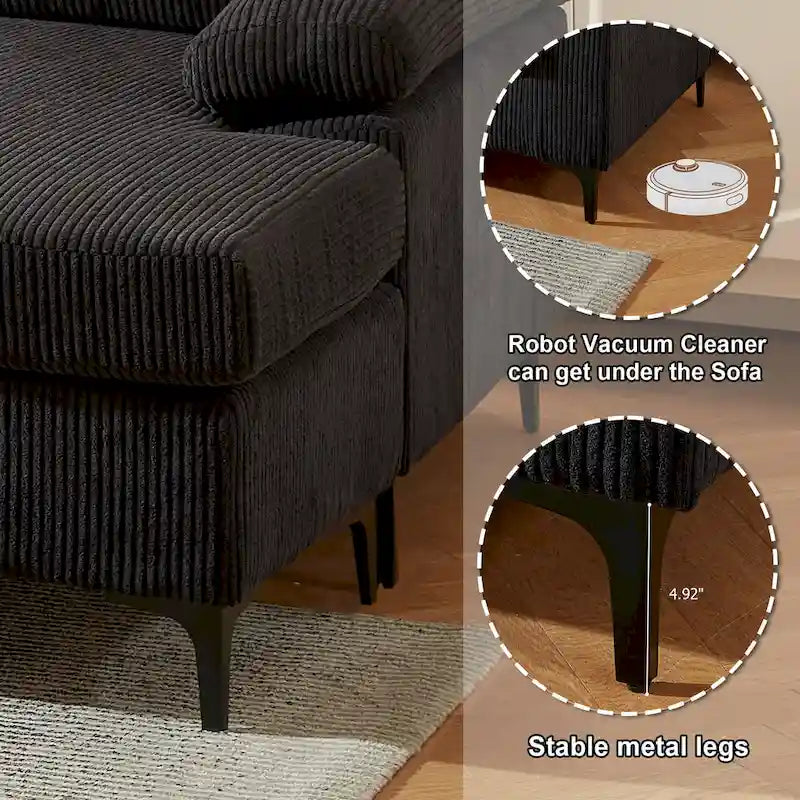 Canapé d'angle en velours côtelé avec ottomane réversible et accoudoirs larges