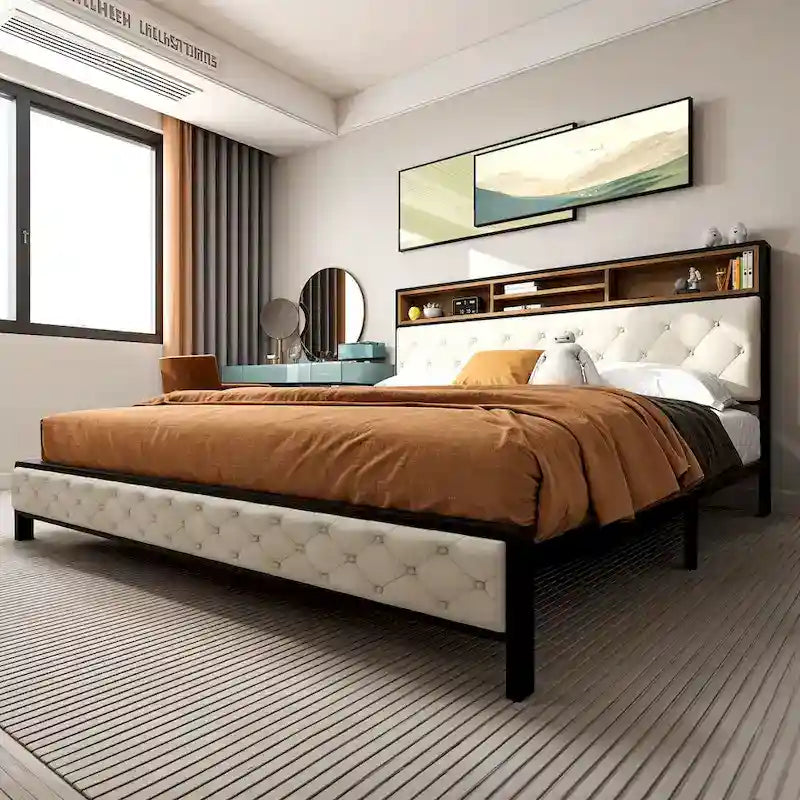 Modern King Upholstered Storage Bed With USB Power pad