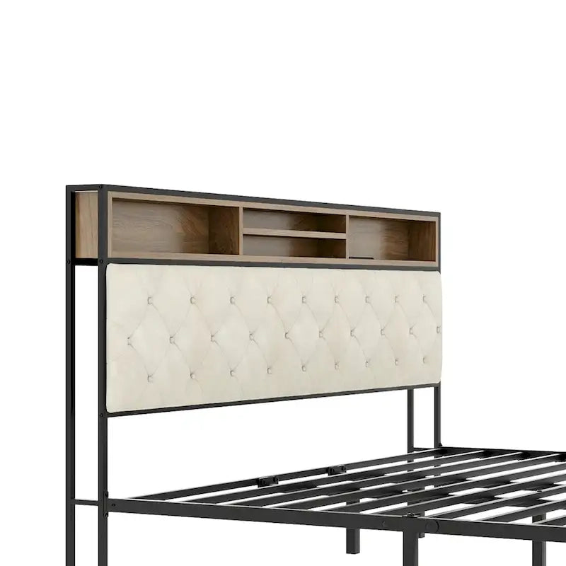 Lit double rembourré moderne King Size avec tête de lit bibliothèque et recharge USB