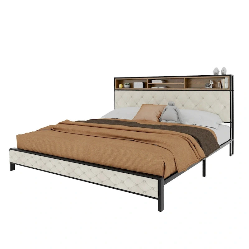 Lit double rembourré moderne King Size avec tête de lit bibliothèque et recharge USB