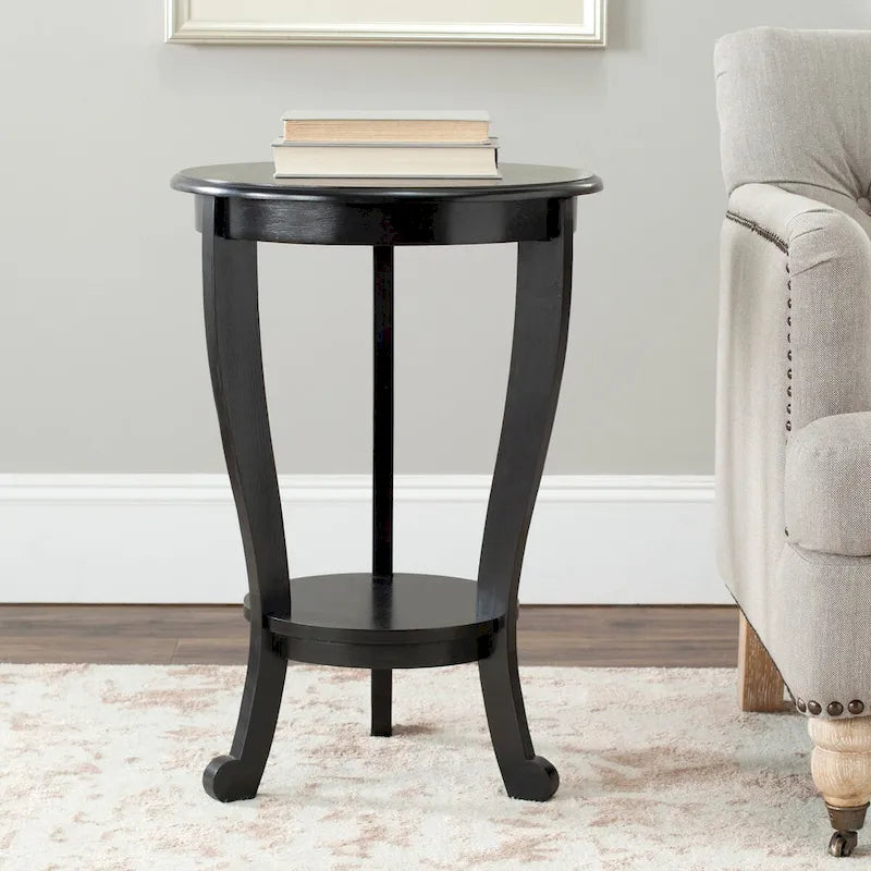 Table d'appoint à piédestal ronde avec étagère inférieure et pieds galbés