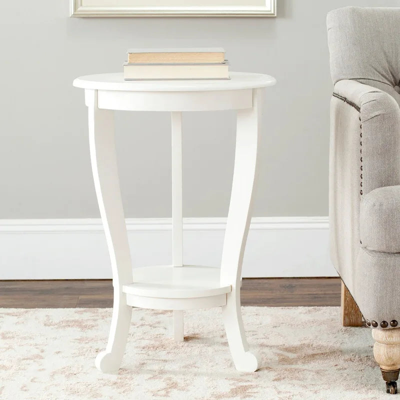 Table d'appoint à piédestal ronde avec étagère inférieure et pieds galbés