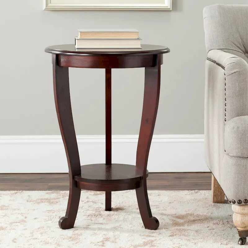 Table d'appoint à piédestal ronde avec étagère inférieure et pieds galbés