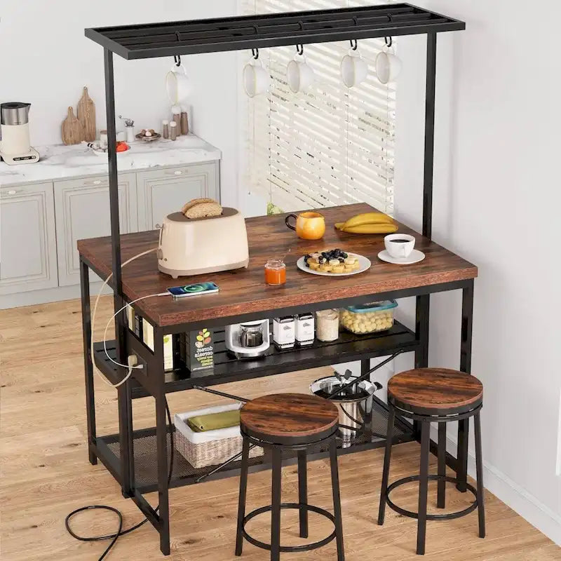 Étagère de cuisine autoportante de 120 cm avec 3 niveaux et crochets