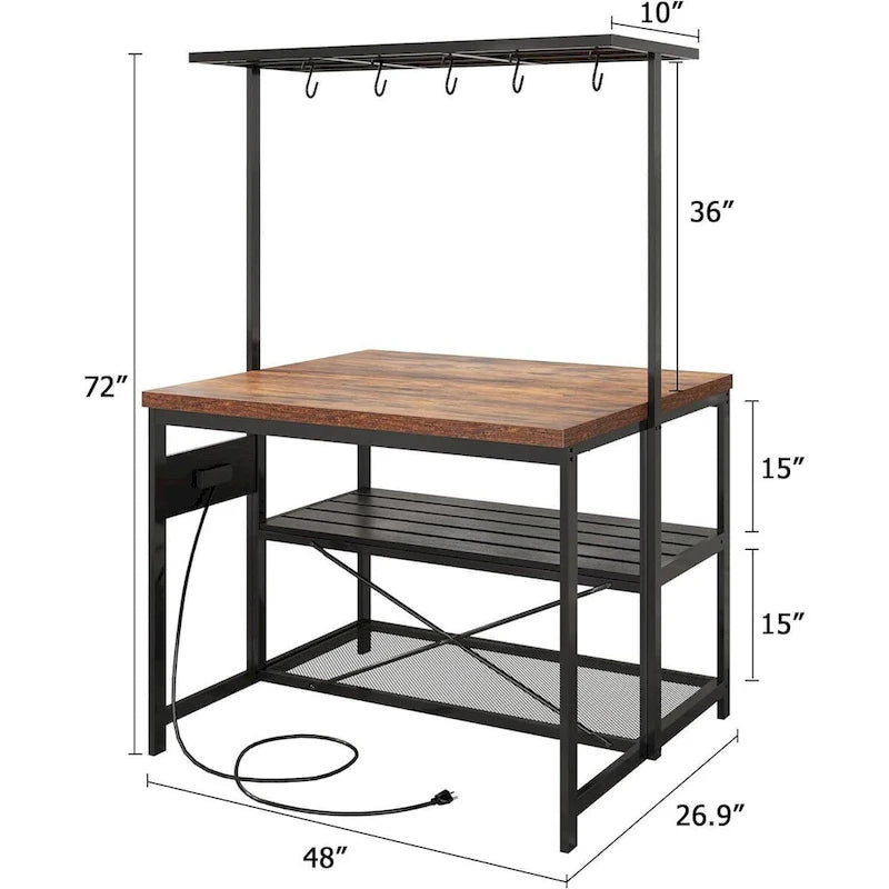 Étagère de cuisine autoportante de 120 cm avec 3 niveaux et crochets