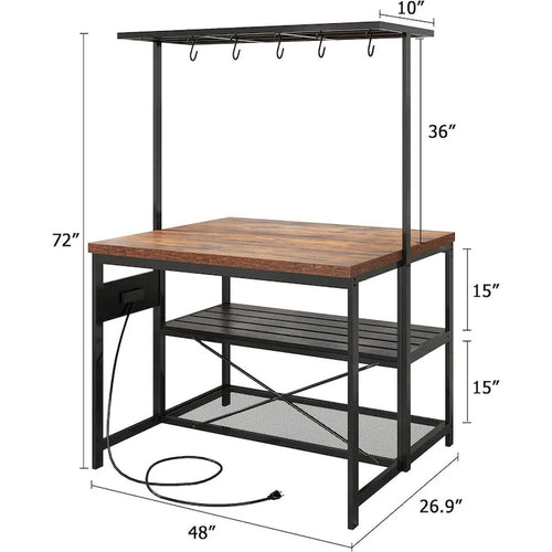 Étagère de cuisine autoportante de 120 cm avec 3 niveaux et crochets