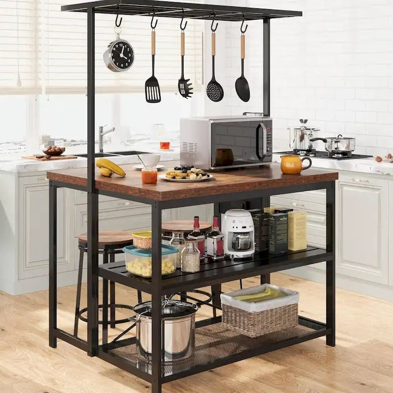 Étagère de cuisine autoportante de 120 cm avec 3 niveaux et crochets