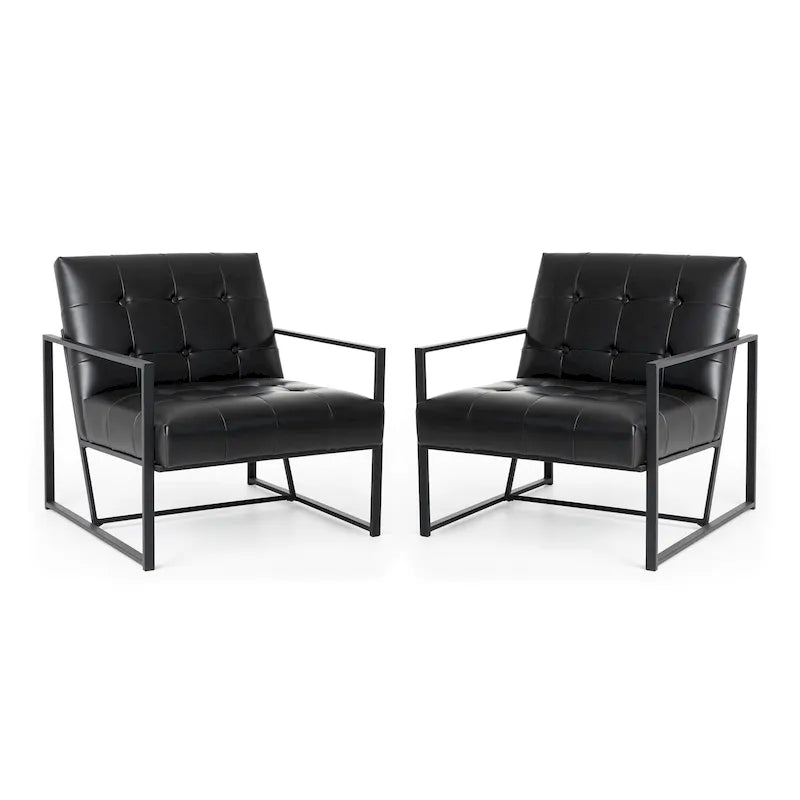Lot de 2 fauteuils d'appoint boutonnés en similicuir style Mid-Century avec cadre en métal