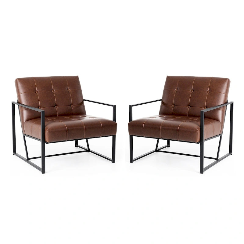 Lot de 2 fauteuils d'appoint boutonnés en similicuir style Mid-Century avec cadre en métal