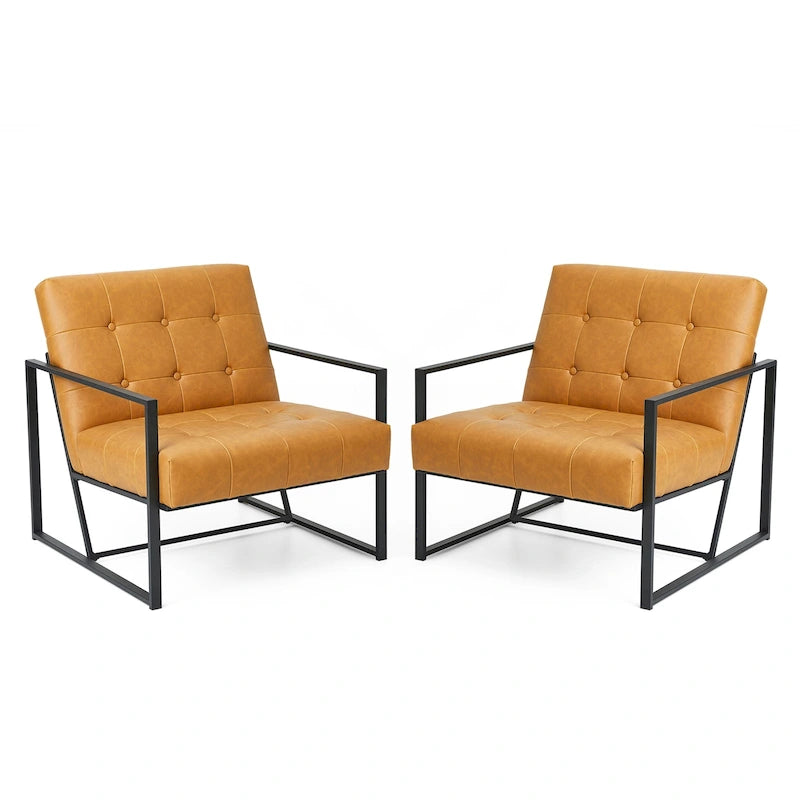Lot de 2 fauteuils d'appoint boutonnés en similicuir style Mid-Century avec cadre en métal