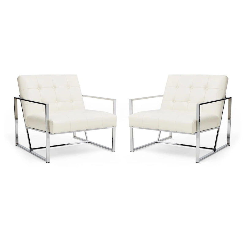 Lot de 2 fauteuils d'appoint boutonnés en similicuir style Mid-Century avec cadre en métal