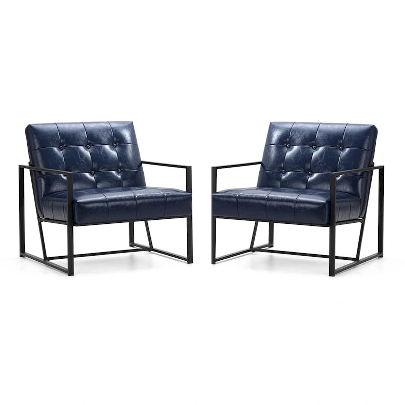 Lot de 2 fauteuils d'appoint boutonnés en similicuir style Mid-Century avec cadre en métal