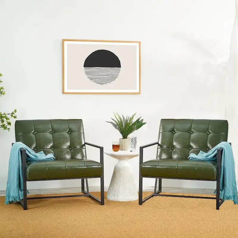 Lot de 2 fauteuils d'appoint boutonnés en similicuir style Mid-Century avec cadre en métal