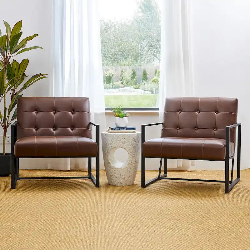 Lot de 2 fauteuils d'appoint boutonnés en similicuir style Mid-Century avec cadre en métal