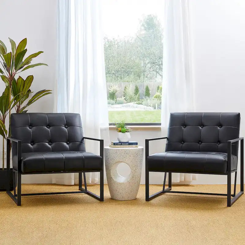 Lot de 2 fauteuils d'appoint boutonnés en similicuir style Mid-Century avec cadre en métal