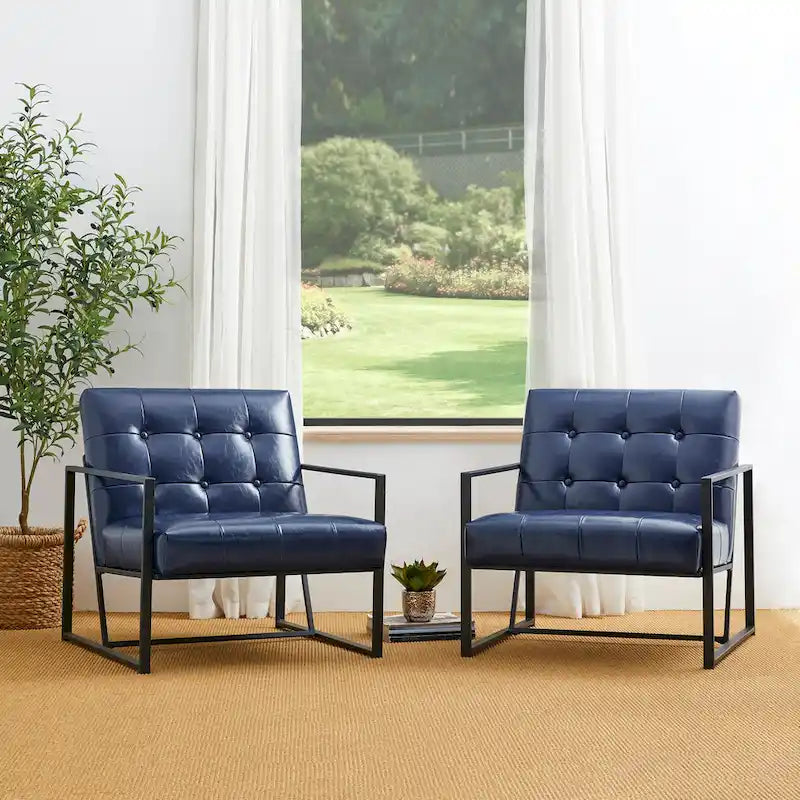 Lot de 2 fauteuils d'appoint boutonnés en similicuir style Mid-Century avec cadre en métal