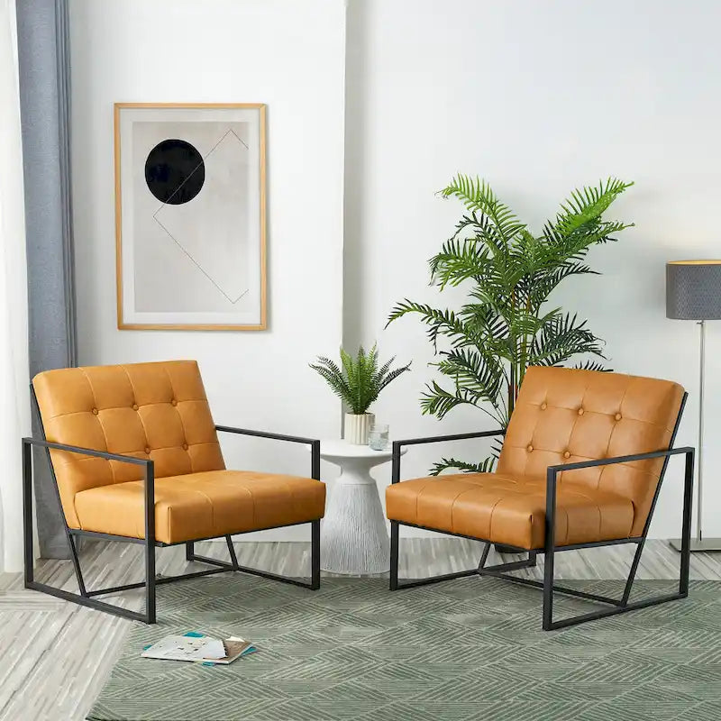 Lot de 2 fauteuils d'appoint boutonnés en similicuir style Mid-Century avec cadre en métal