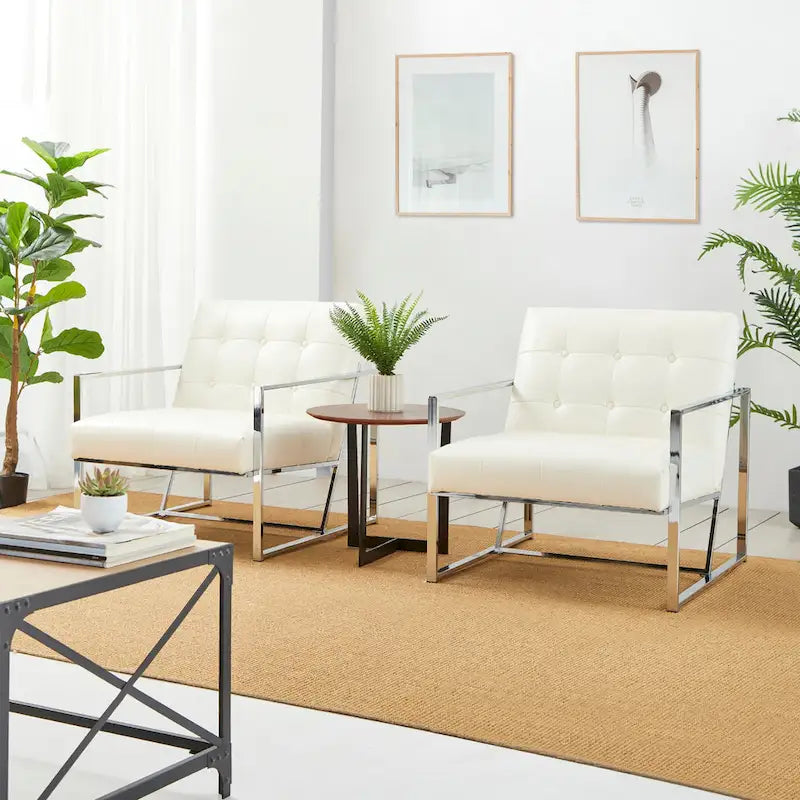 Lot de 2 fauteuils d'appoint boutonnés en similicuir style Mid-Century avec cadre en métal