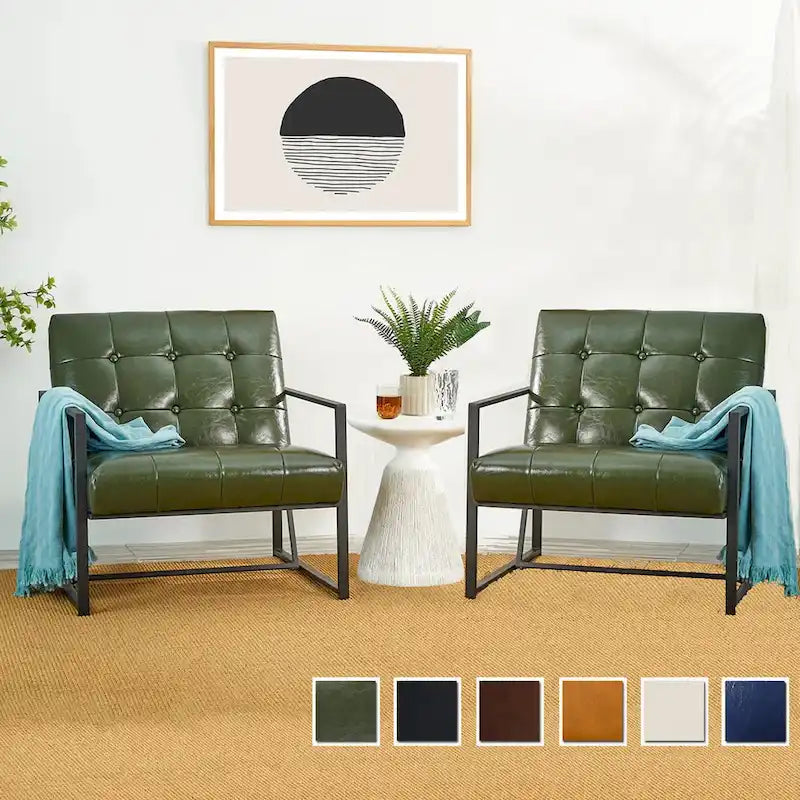 Lot de 2 fauteuils d'appoint boutonnés en similicuir style Mid-Century avec cadre en métal