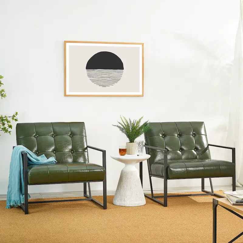 Lot de 2 fauteuils d'appoint boutonnés en similicuir style Mid-Century avec cadre en métal