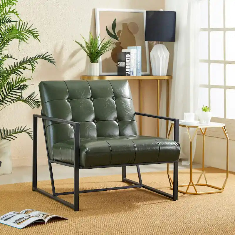Lot de 2 fauteuils d'appoint boutonnés en similicuir style Mid-Century avec cadre en métal