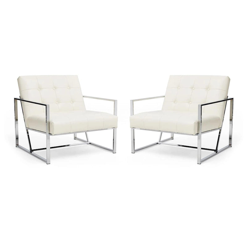 Lot de 2 fauteuils d'appoint boutonnés en similicuir style Mid-Century avec cadre en métal