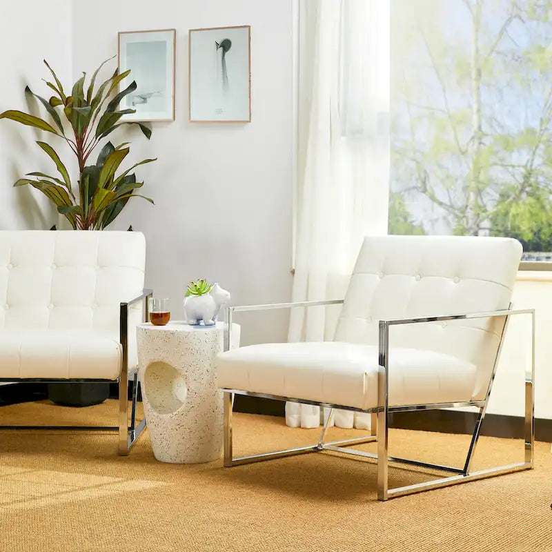 Lot de 2 fauteuils d'appoint boutonnés en similicuir style Mid-Century avec cadre en métal
