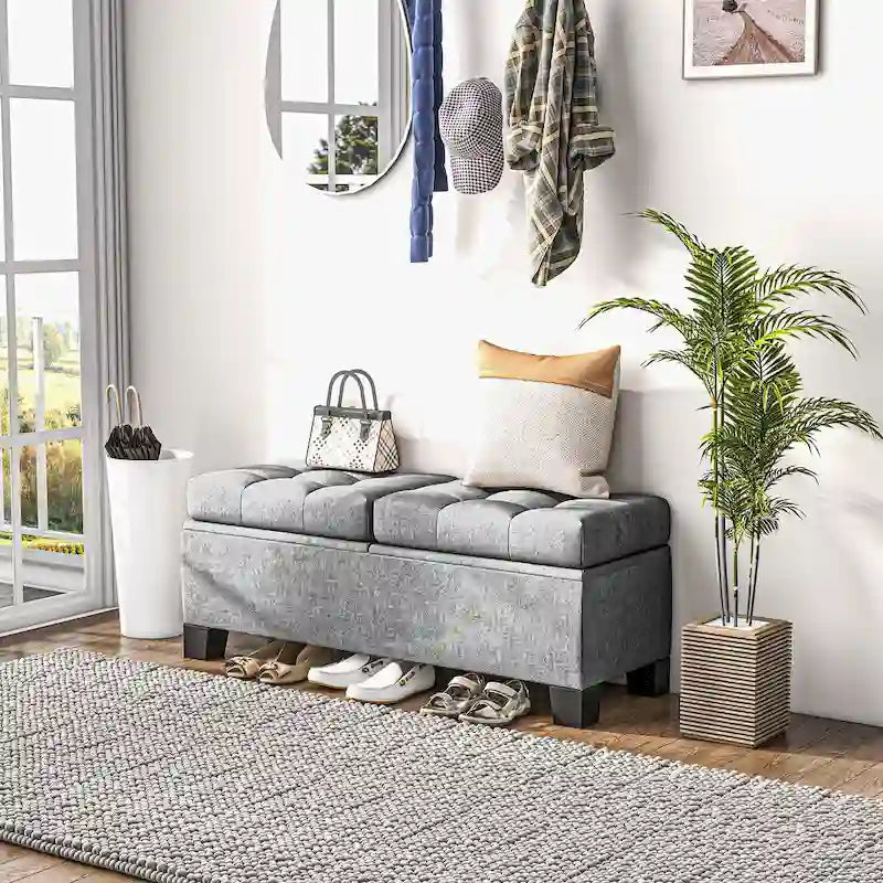 Banc de rangement capitonné avec charnières de sécurité pour le salon, l'entrée et la chambre à coucher