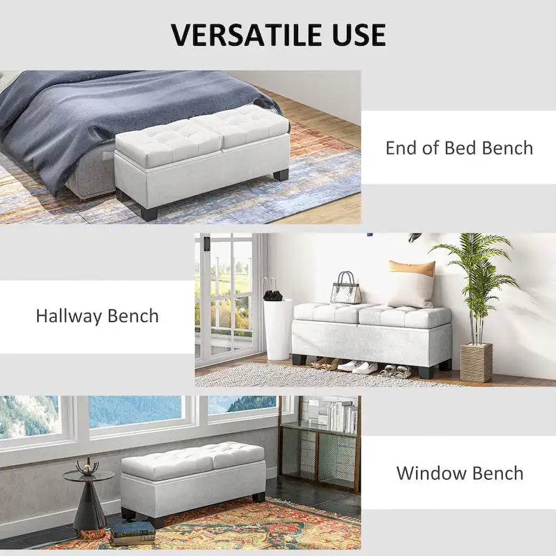 Banc de rangement capitonné avec charnières de sécurité pour le salon, l'entrée et la chambre à coucher