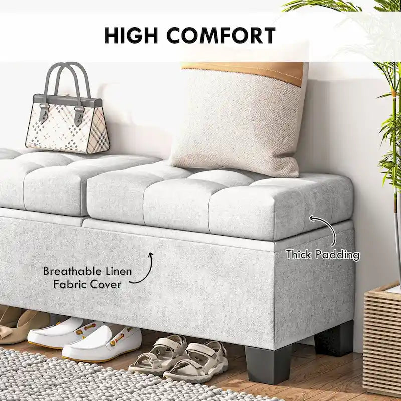 Banc de rangement capitonné avec charnières de sécurité pour le salon, l'entrée et la chambre à coucher