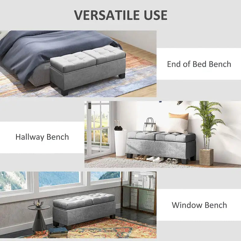 Banc de rangement capitonné avec charnières de sécurité pour le salon, l'entrée et la chambre à coucher