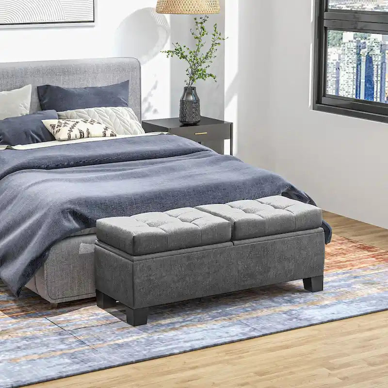 Banc de rangement capitonné avec charnières de sécurité pour le salon, l'entrée et la chambre à coucher