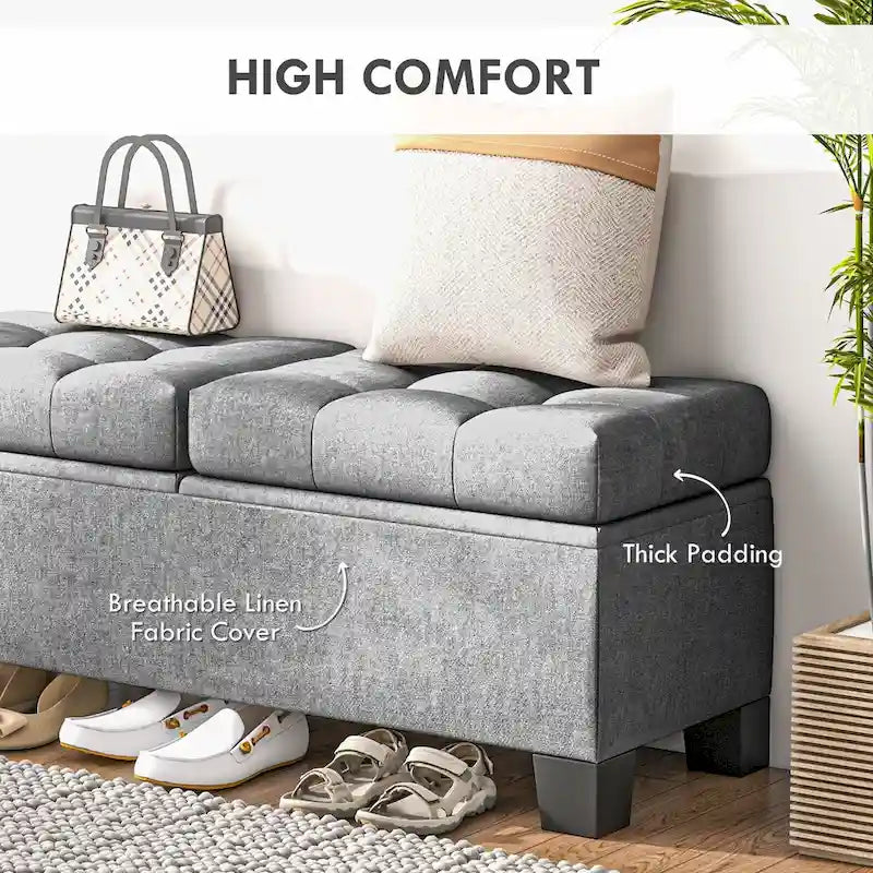 Banc de rangement capitonné avec charnières de sécurité pour le salon, l'entrée et la chambre à coucher