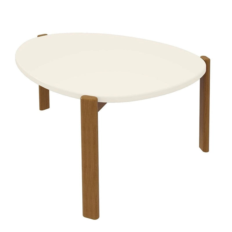 Table basse ovale et triangulaire Mid-Century Modern avec pieds en bois d'eucalyptus