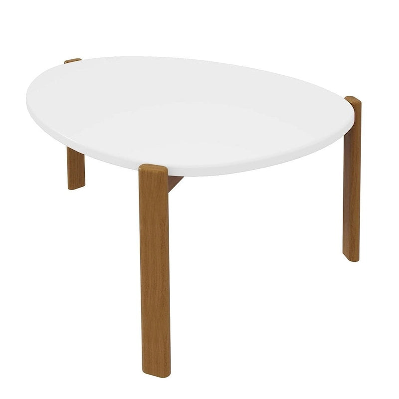 Table basse ovale et triangulaire Mid-Century Modern avec pieds en bois d'eucalyptus