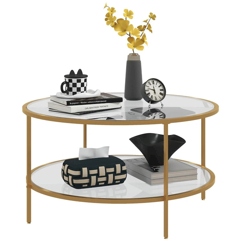 Table d'appoint à 2 étages en verre trempé avec cadre en acier